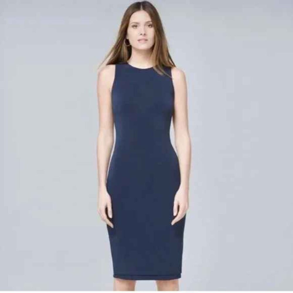 WHBM Reversible Scarf Print Sheath Dress Midi Navy Petrol Blue Size S - Picture 3 of 16